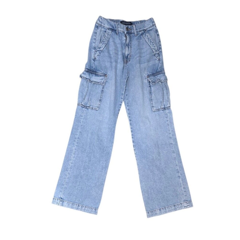 Aeropostale Blue Denim Cargo Wide Leg Jeans Utility Size XS Skate Grunge Baggy